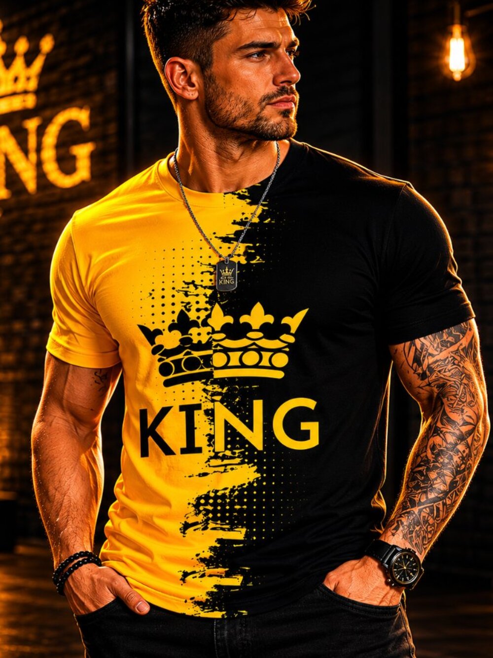 King T Shirt Mens Black Gold Crown Graphic Tee Bold Statement Shirt